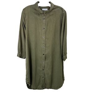 Zara Woman Denim Button Front Shirt Dress Large Army Green 3/4 Sleeves Lyocell